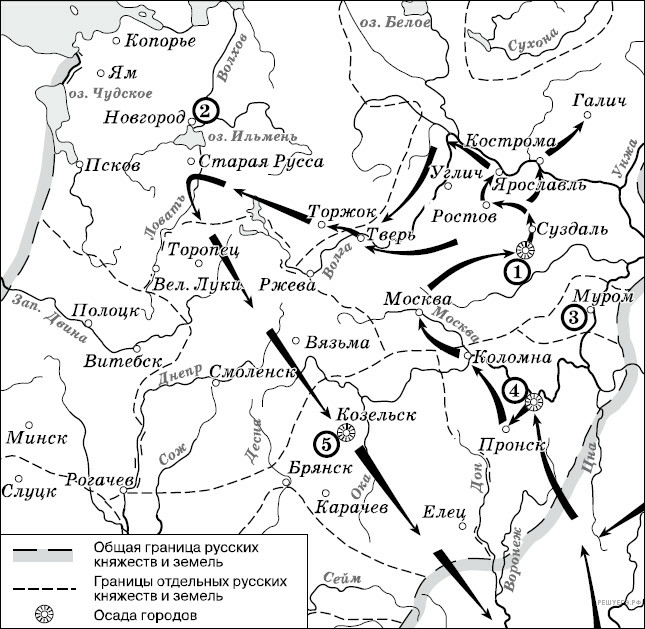 На карте Руси XIII века показан стрелками поход хана Батыя по завоеванию Северо-Восточной Руси 1237−1238 г.png
